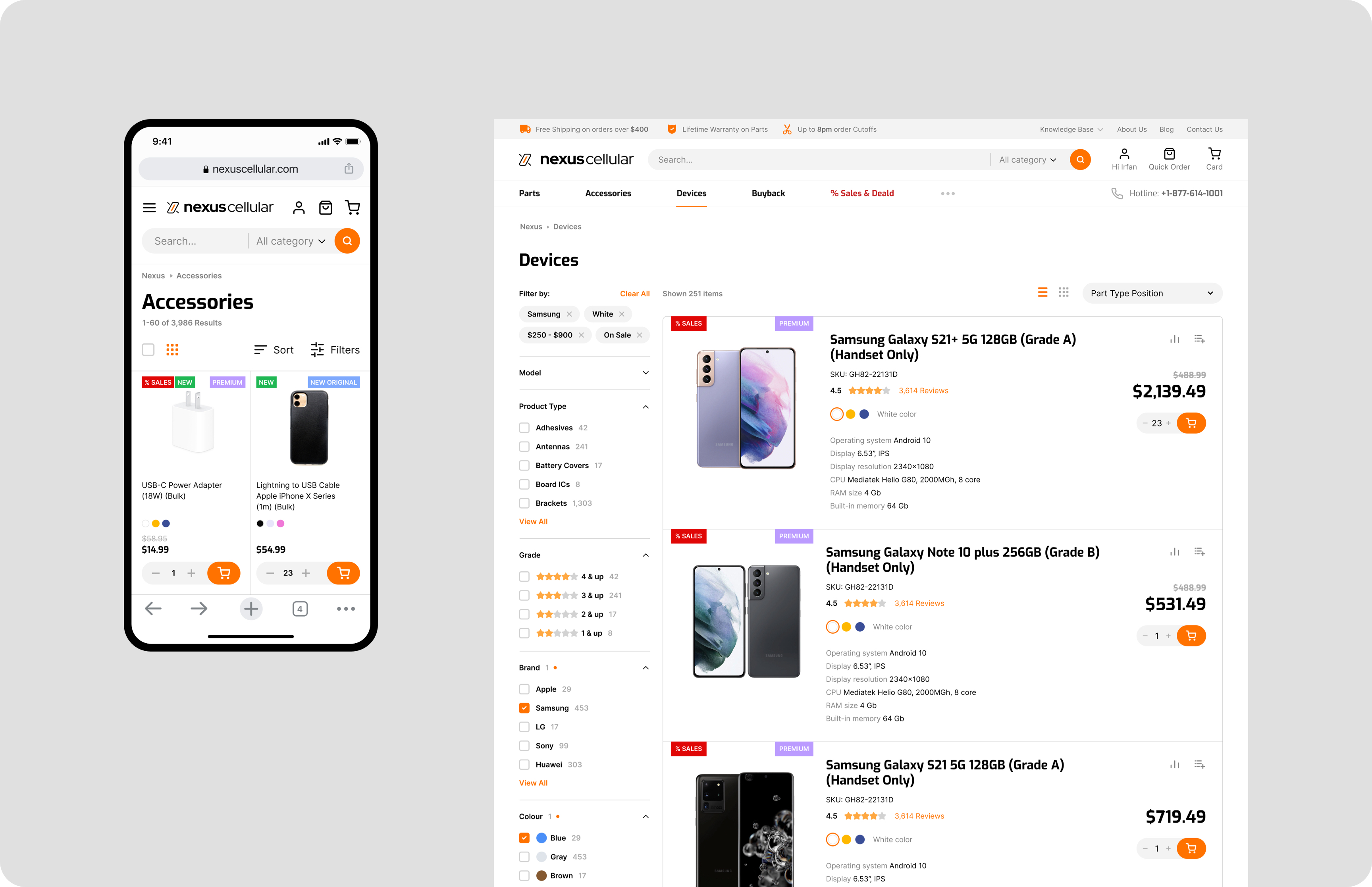 Nexus Cellular e-commerce website mobile and desktop design of category page