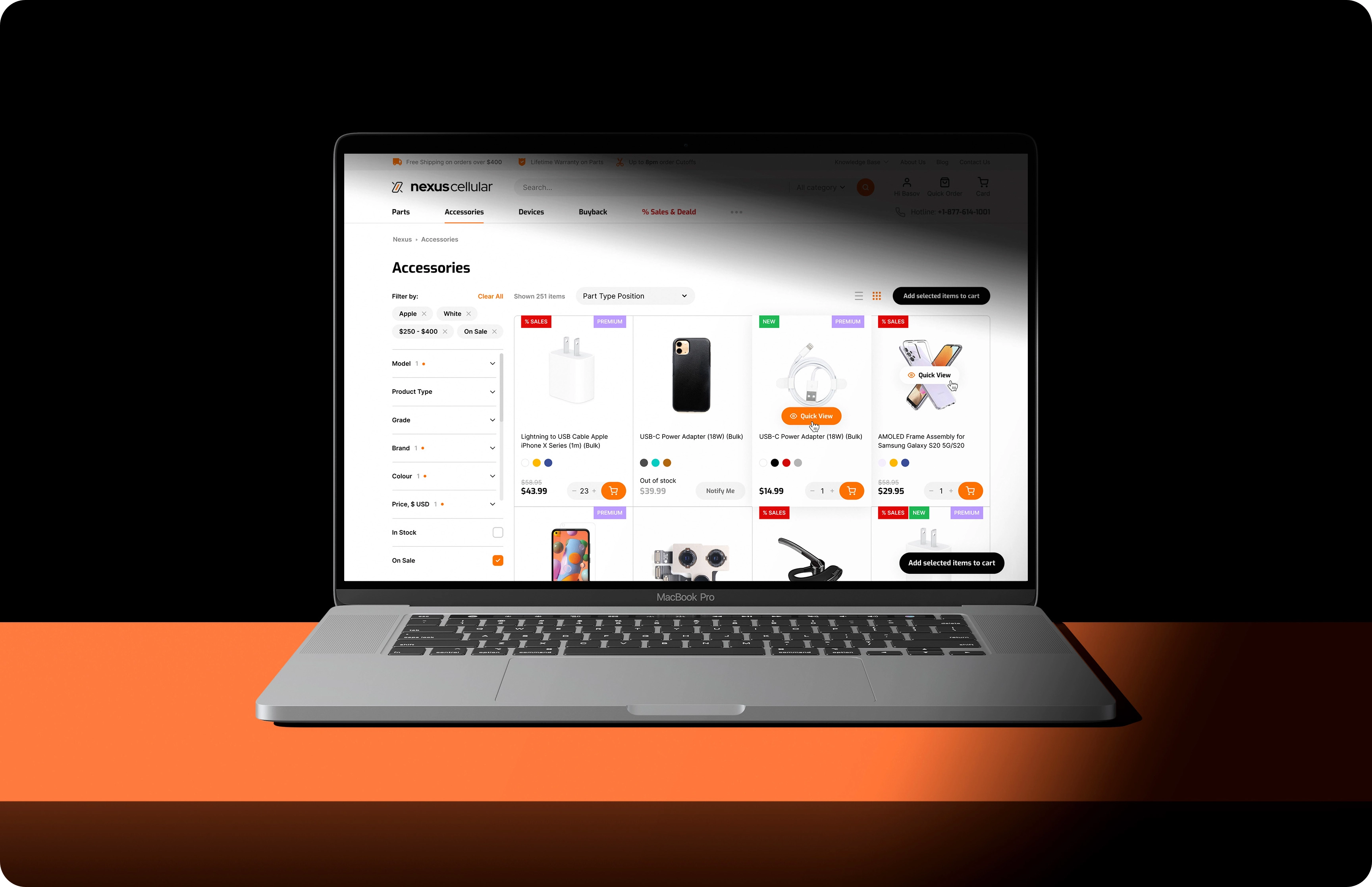 Nexus Cellular e-commerce website design mockup on laptop and mobile Accessories page 