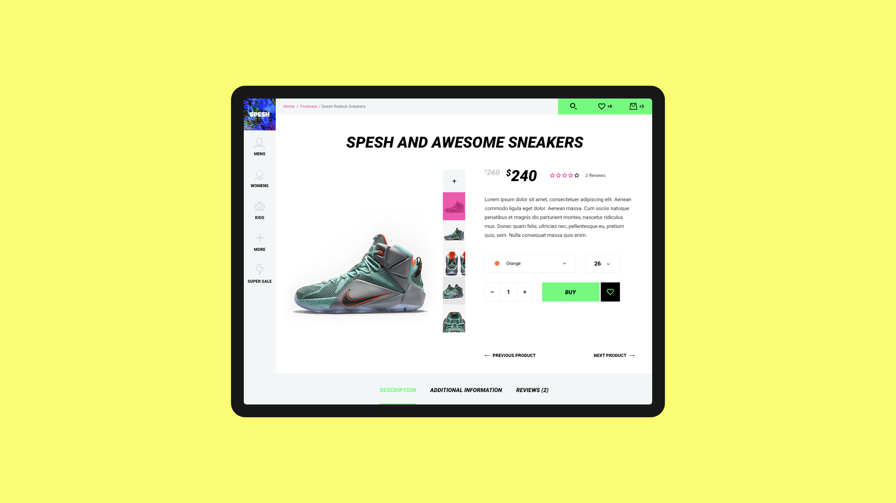Sneaker product page on tablet