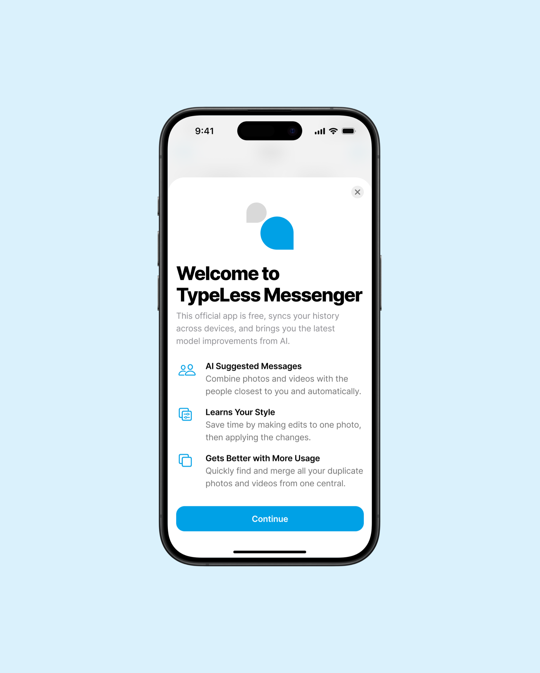 AI-powered messaging app interface shown