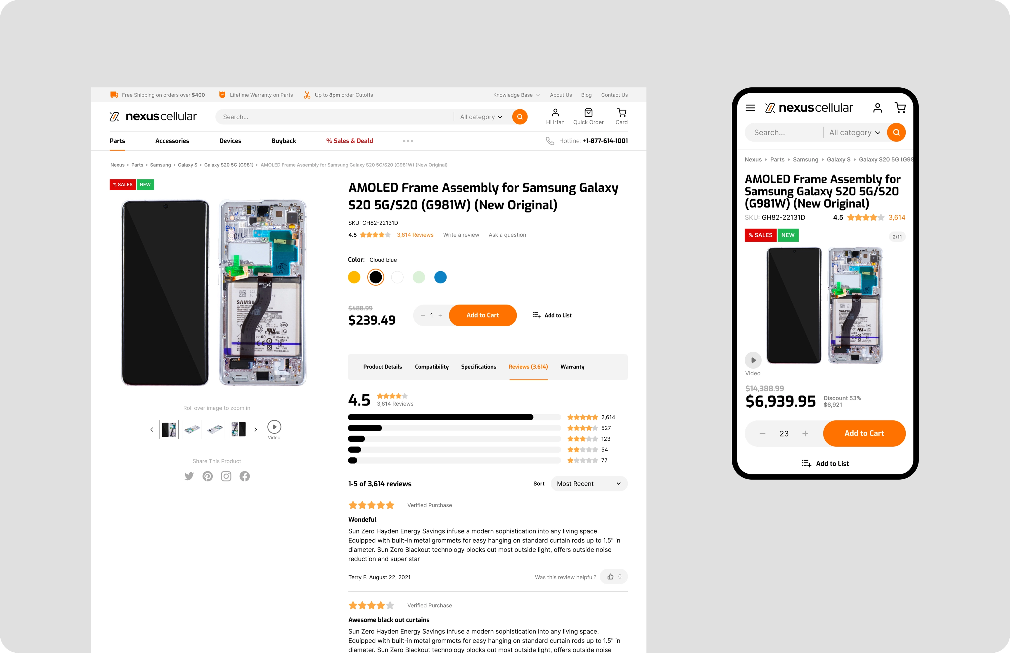 Product page design desktop and mobile version