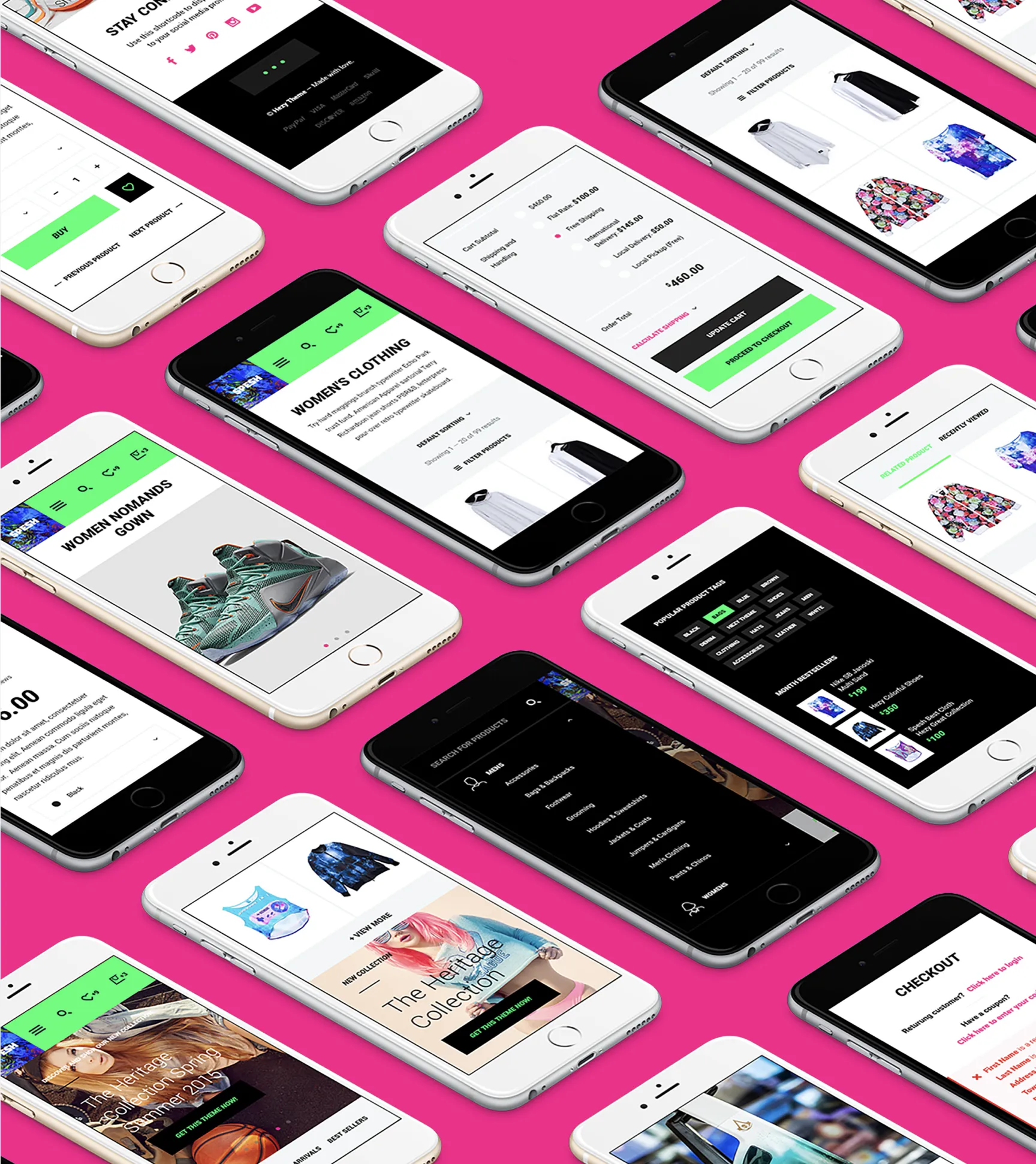 Colorful mobile screens showcasing products