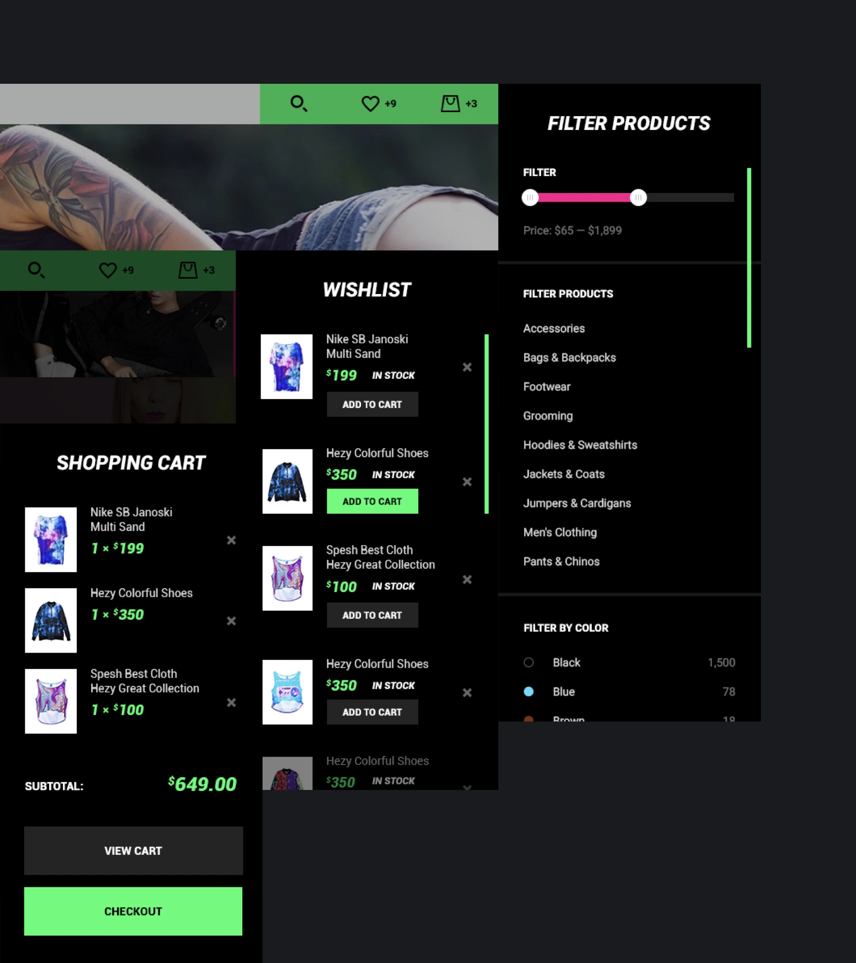 Ecommerce website with wishlist and cart
