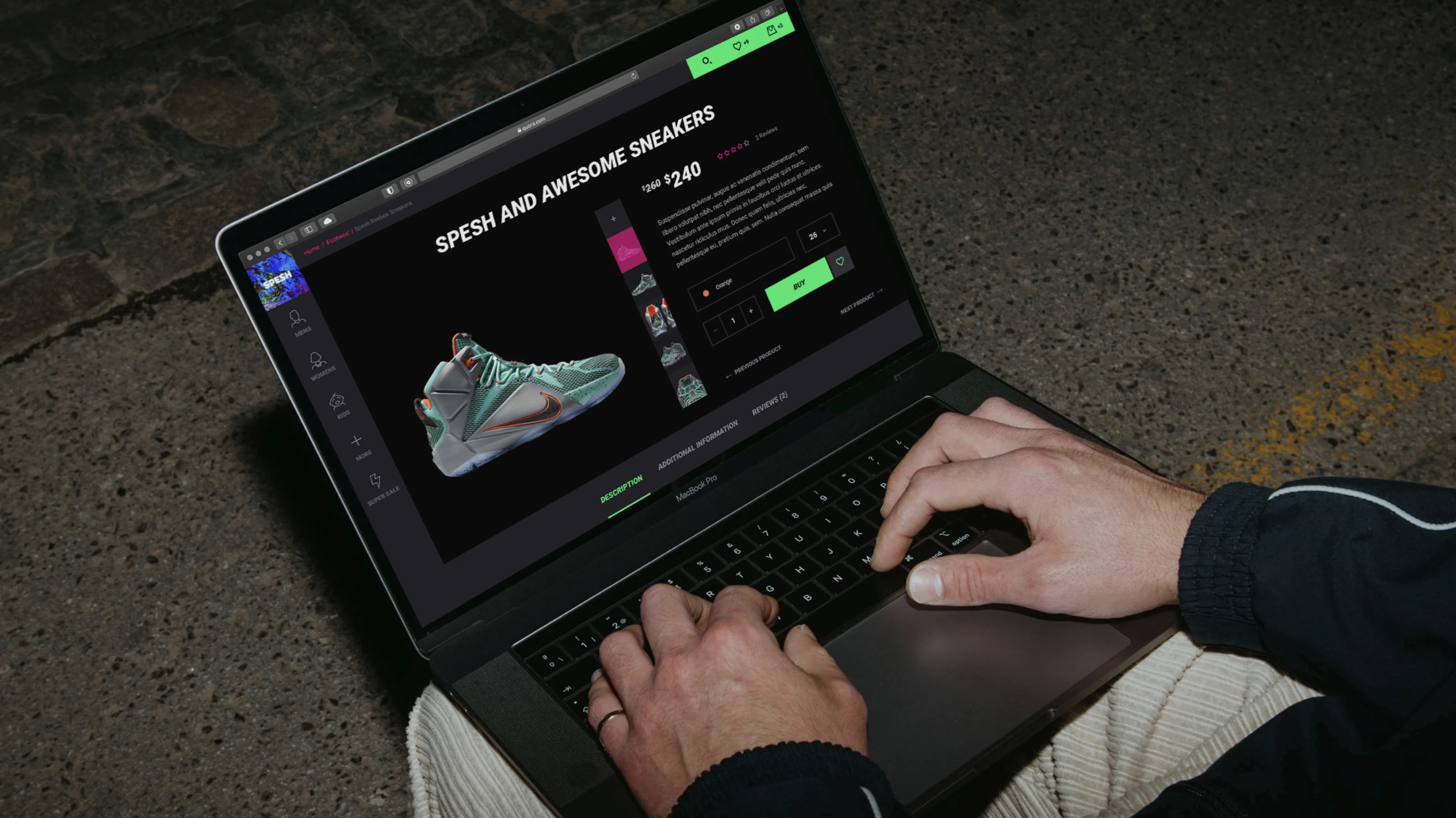 Spesh dark product page on laptop ecommerce website shop cyberpunk style