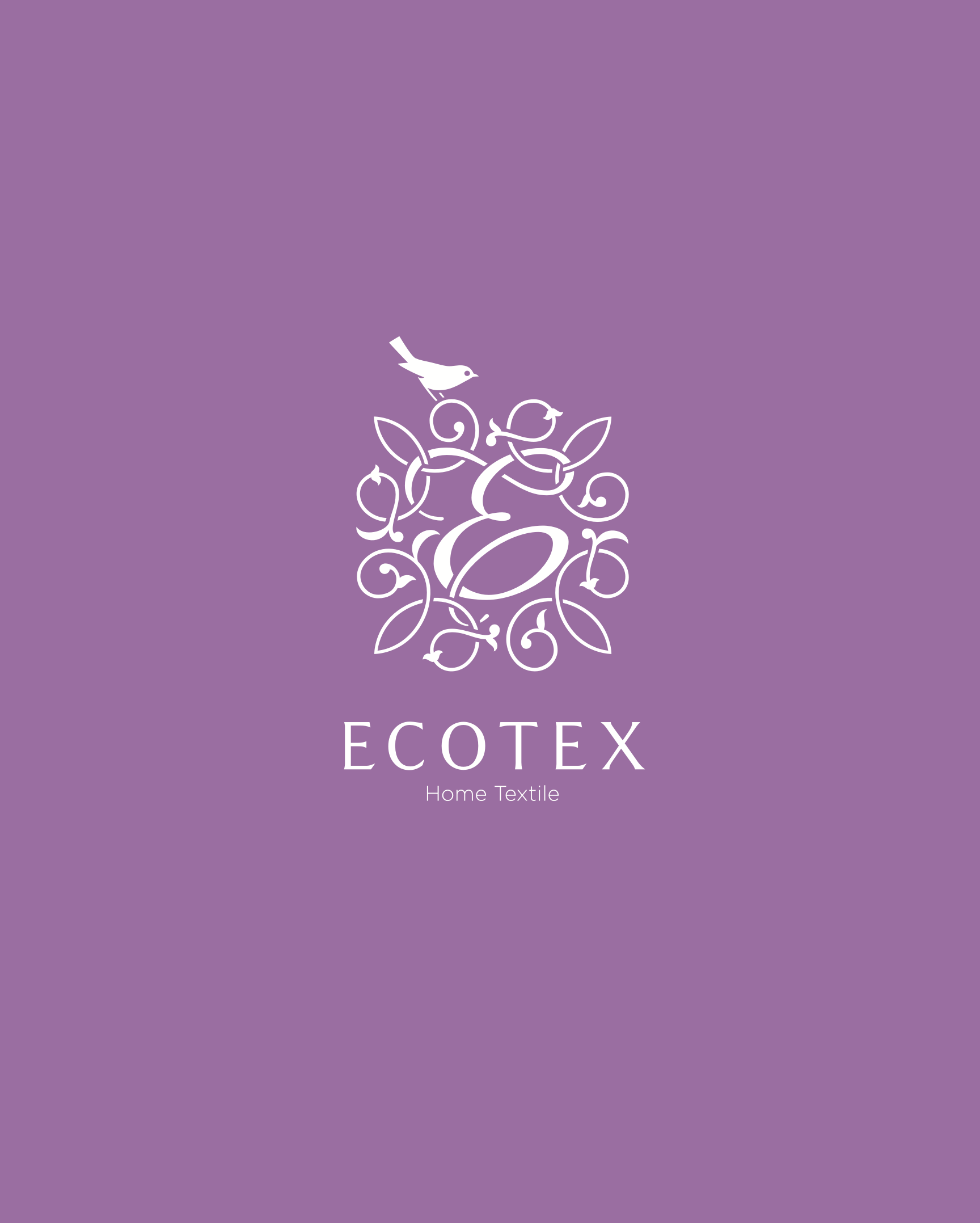 Ecotex brand logo on a purple background. A white emblem featuring a stylized letter 'E' adorned with floral ornaments and a small bird on top