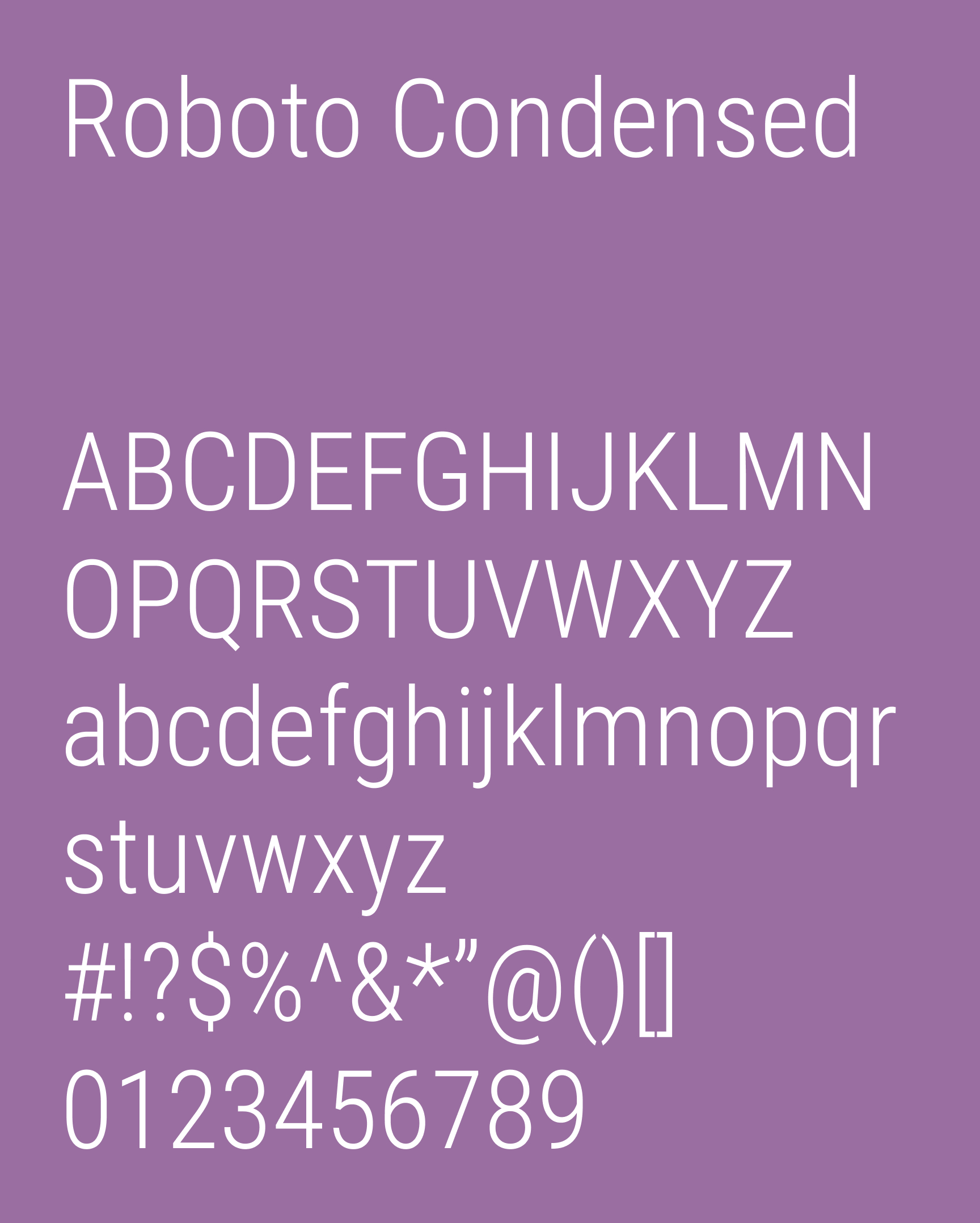 Ecotex brand typography specimen. A display of the Roboto Condensed font family, showing uppercase and lowercase letters, numbers, and symbols on a purple background