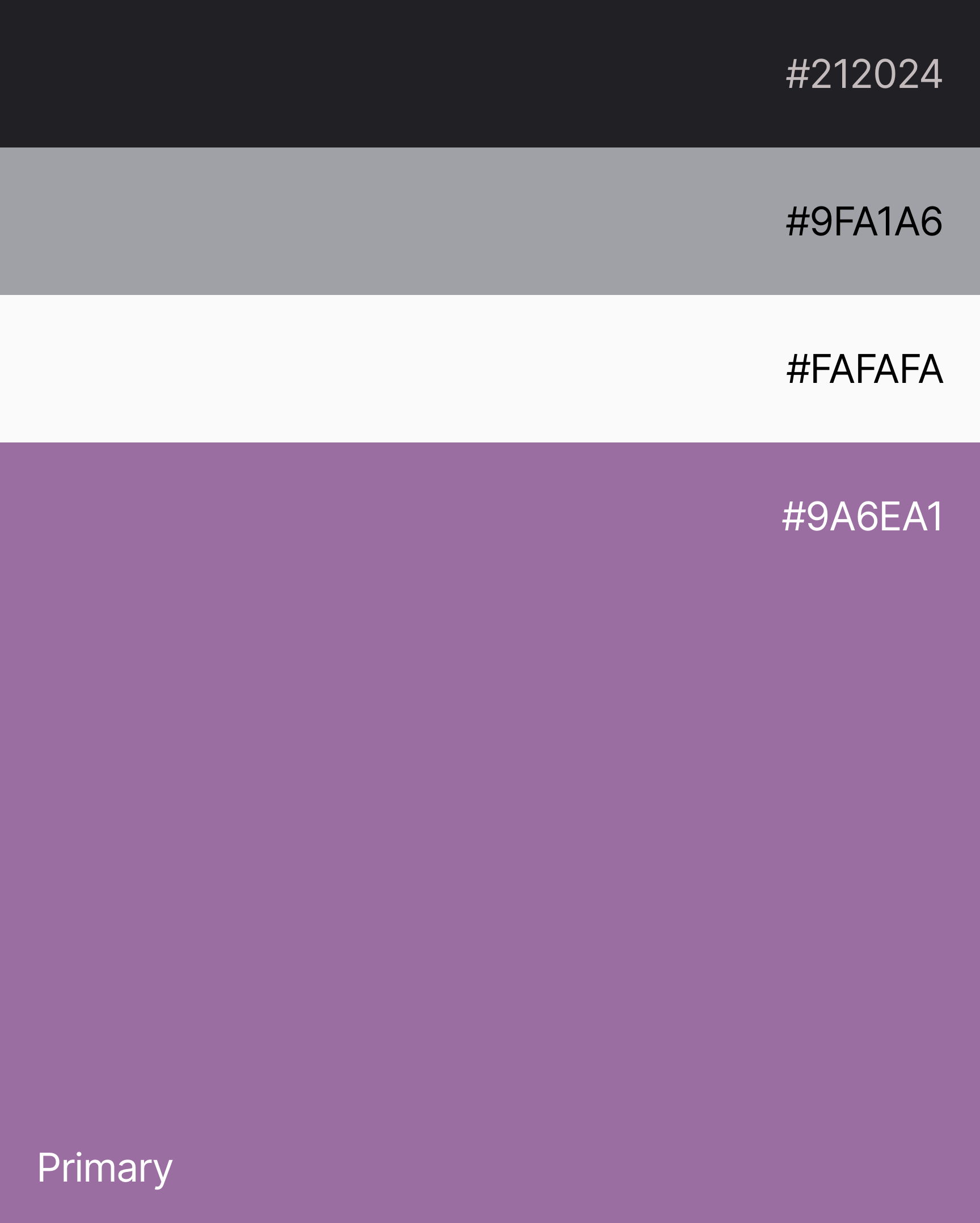 Ecotex corporate identity color palette. Four color strips displaying Hex codes: Black (#212024), Grey (#9FA1A6), White (#FAFAFA), and Primary Lilac (#9A6EA1)